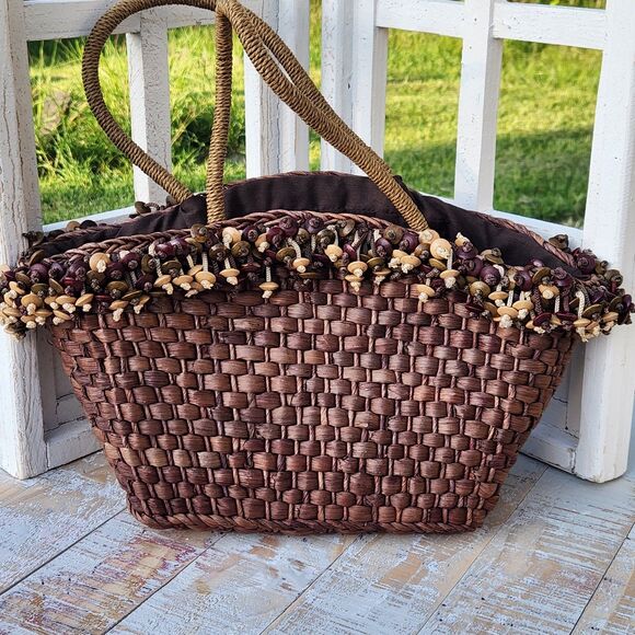 Woven Rafia Beaded Womens Med Totebag Boho Beach Vibe Earth Tone Nautre Inspired - Picture 1 of 10
